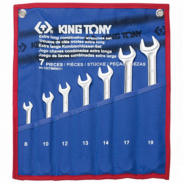 12C7MRN01 KING TONY Набор комбинированных удлиненных ключей, 8-19 мм, чехол из теторона, 7 предметов